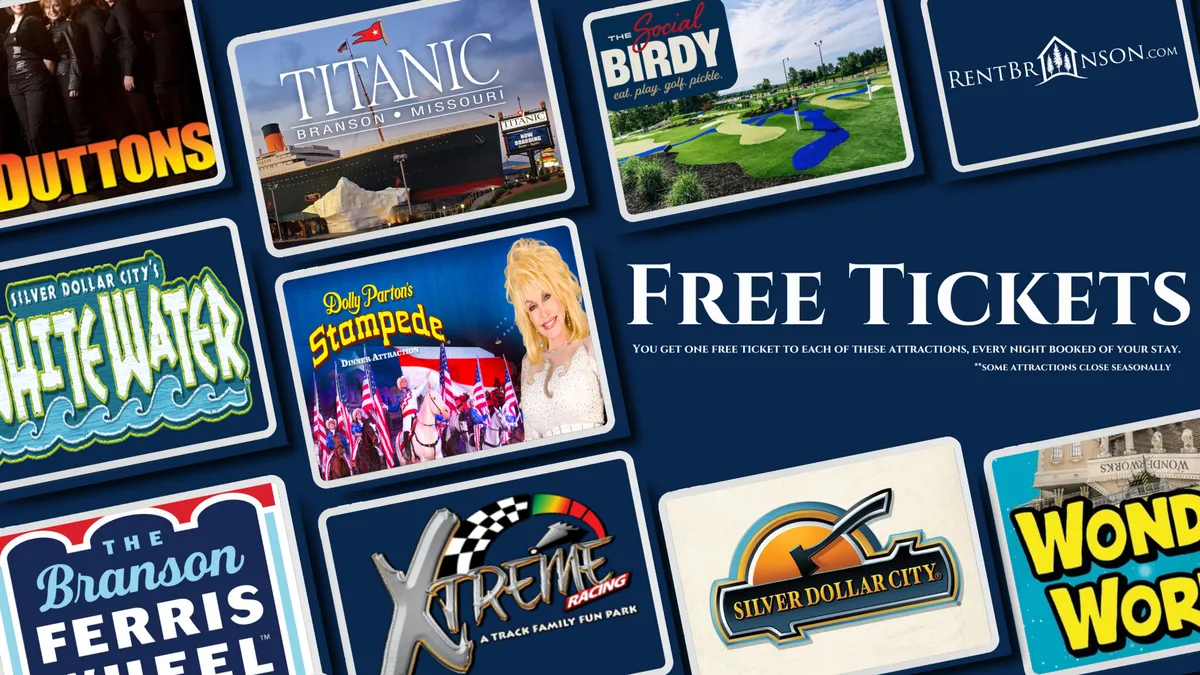 This image features logos of iconic Branson attractions alongside a ticket offer, highlighting the area's diverse entertainment options. It encapsulates the excitement and anticipation of exploring Branson's renowned amusement parks, shows, and family destinations.